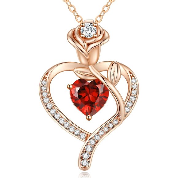 925 Sterling Silver Rose Flower Heart Birthstone Necklace Gifts for Women